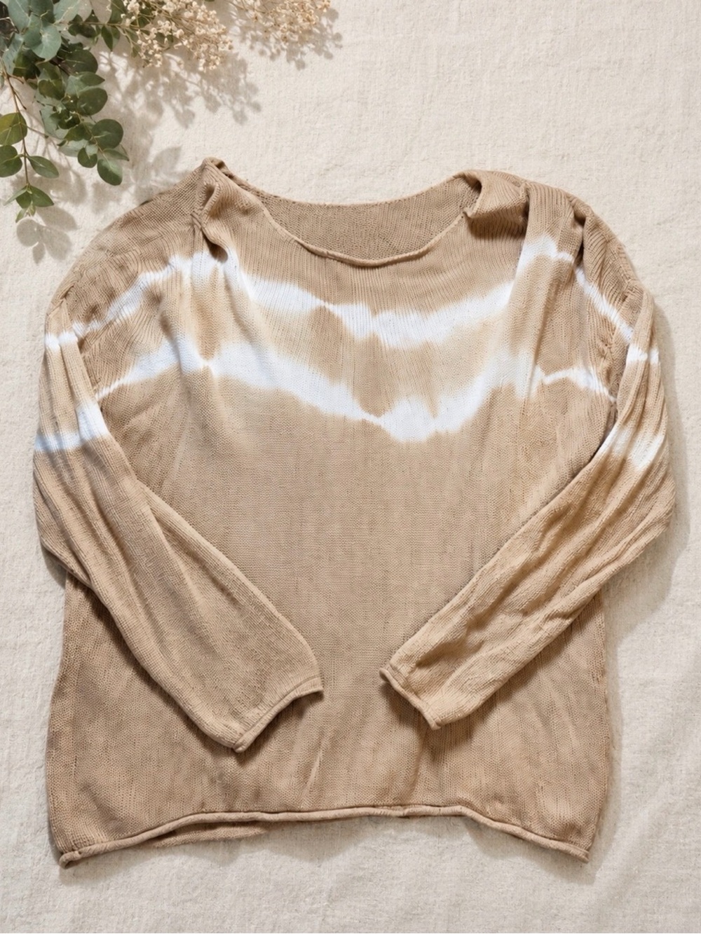 Like Love Beige & White Tie Dye Lightweight Knit Sweater Size Large Cozy Casual